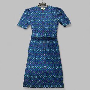 Vintage 80s Adrianna Papell Blue and Green Geometric Midi Dress 10